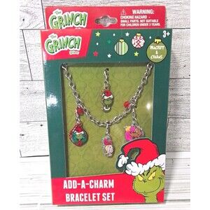 Dr. Seuss Grinch Silver Metal Cable Chain Charm Bracelet Set w/ 4 Dangle Charms